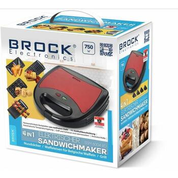 Brock SSM 6004 RD 4-в-1 прибор для сэндвичей/вафель/орехов и гриль, 750 Вт, красный, антипригарное покрытие, съемные пластины (SSM 6004 RD)