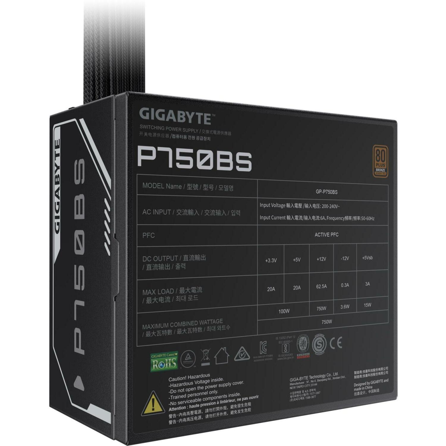 Gigabyte Datora barošanas bloks GP-P750BS, 750W, 200-240V, 50/60Hz, 80 PLUS Bronza, 120mm ventilators, aktīvā dzesēšana (GP-P750BS)
