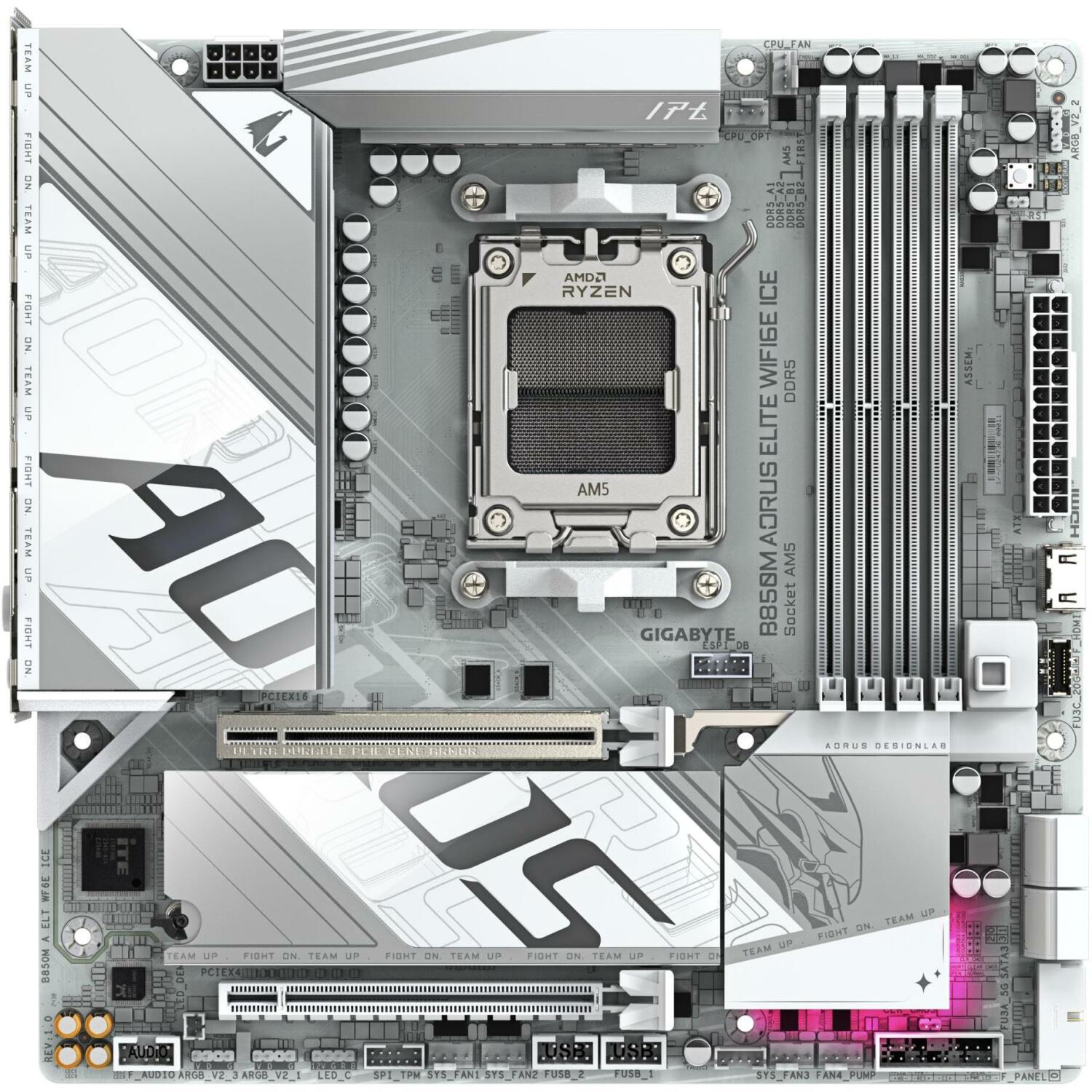 Gigabyte Материнская плата B850M A ELT WF6E ICE, 12+2+1 фазы, DDR5 4 DIMM, PCIe 5.0 x16, M.2 Gen5, 2.5GbE LAN, Wi-Fi 6E (B850M A ELT WF6E ICE 1.1)
