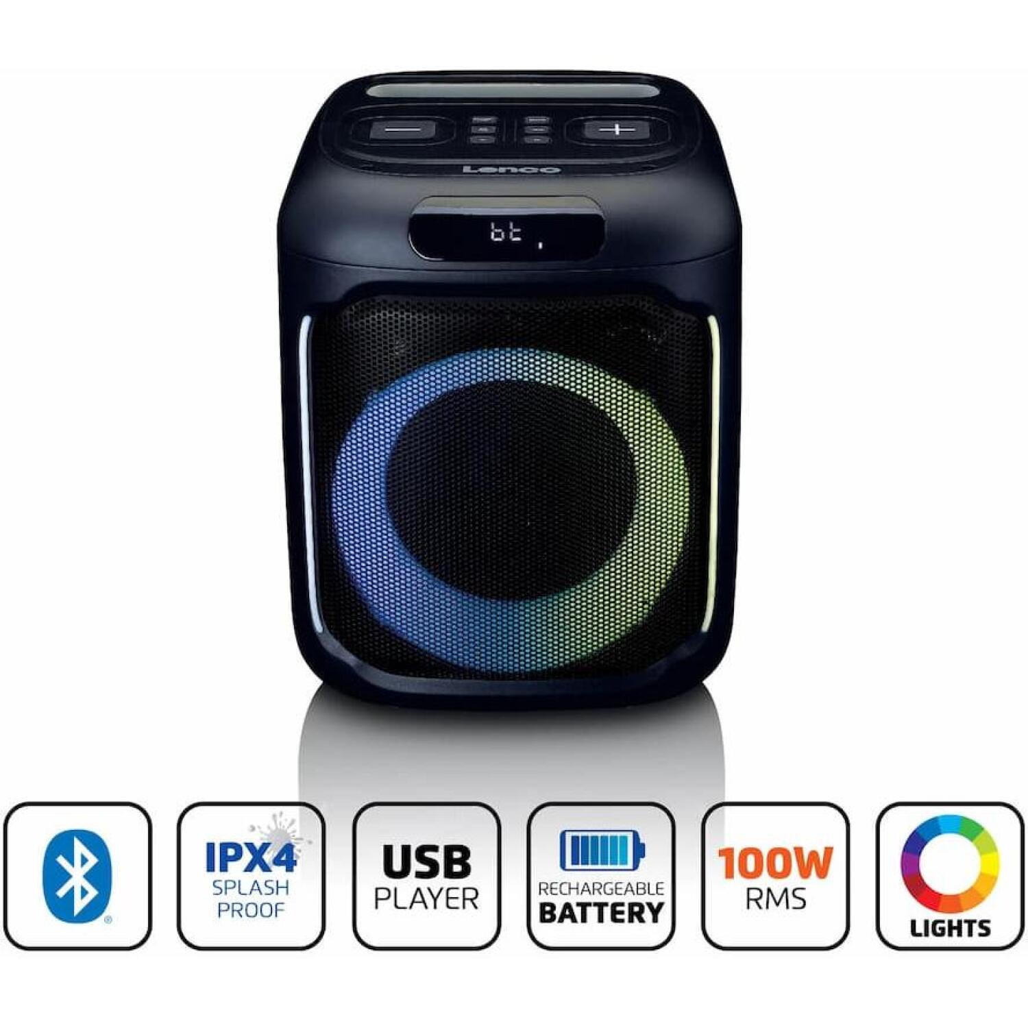 Lenco PA-101BK Bluetooth-колонка, 100 Вт RMS, IPX4, 14 ч, LED, TWS, микрофон, USB (PA-101BK)