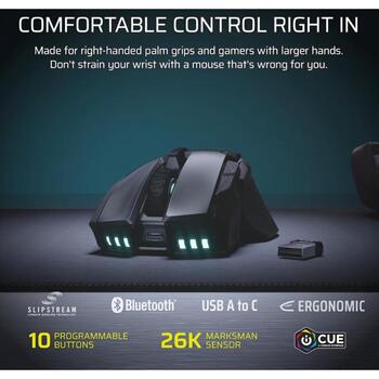 Corsair IRONCLAW SE spēļu pele CH-9317110-WW, 26000 DPI, 2,4 GHz, Bluetooth, USB-C, 10 pogas, optiskais sensors, melna (CH-9317110-WW)