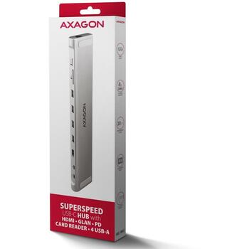 Axagon док-станция HMC-10HLS, USB 5Gbps, 4x USB-A, HDMI 4K/60Hz, RJ-45, SD/microSD, PD 100W (HMC-10HLS)
