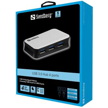 Sandberg 133-72 USB 3.0 centrmezgls, 4 porti, 5000 Mbit/s, USB 3.2 Gen 1, 1 m, melns/balts (133-72)