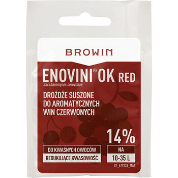 Browin Enovini® OK RED винные дрожжи 400390, 7 г, 25 Л, для красного вина, снижает кислотность на 20-24% (400390)