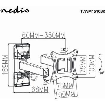 Nedis настенное крепление для ТВ TVWM1510BK, 13-27 дюймов, VESA 75x75, 100x100, 15 кг, 20°, 180°, 350 мм (TVWM1510BK)