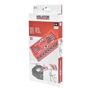 Набор метчиков и плашек Kreator KRTH01001, 20 шт, M3 x 0.5, M4 x 0.7, M5 x 0.8, M6 x 1.0, M7 x 1.0, M8 x 1.25, M10 x 1.5 (KRTH01001)