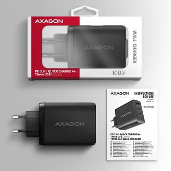 Axagon настенный зарядное устройство ACU-DPQ100 100W, 100-240V, 3 порта, QC 4+, PD 3.0, черный, защита питания (ACU-DPQ100)