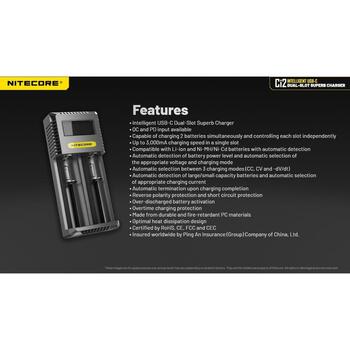 Nitecore Зарядное устройство CI2 5V 2A, 9V 2A, 12V 1.5A, 18W, 4.2V±1%, 1.48V±1%, 3000mA*1, 2000mA*1, AA, AAA, 18650 (CI2)