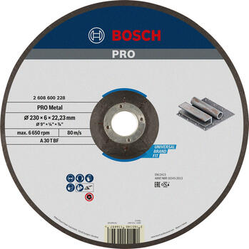Slīpēšanas ripa 230X22X6 mm, metālam, Lielām leņķa slīpmašīnām ar fiksācijas uzgriezni PRO METAL SLĪPRIPA, 2608600228, BOSCH (2608600228)
