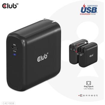 Club3D зарядное устройство CAC-1908EU 100W, USB Type-C, PD 3.0, 100-240VAC, 5V/9V/12V/15V ≤ 3A, 20V ≤ 5A, OCP, OVP, SCP, OTP (CAC-1908EU)