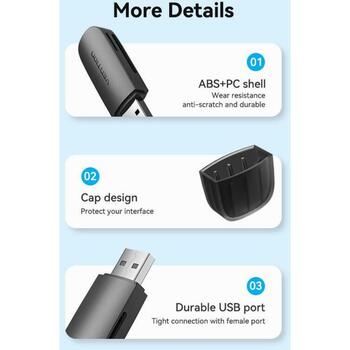 Vention кардридер CLFB0, USB 3.2 Gen 1, 2 слота, 5000 Mbit/s, поддержка 512 ГБ, черный (CLFB0)