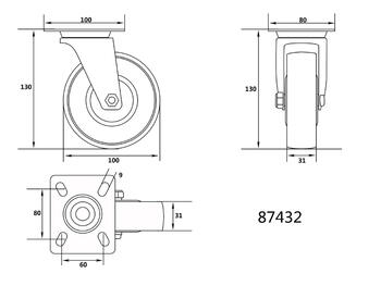 Vorel Ritenis kravas ratiņiem 87432, 100mm, 31mm, 130mm, 60kg, poliamīds, rullīšu gultnis, grozāms, bez bremzēm, -10 ~ +80 ˚C (87432)