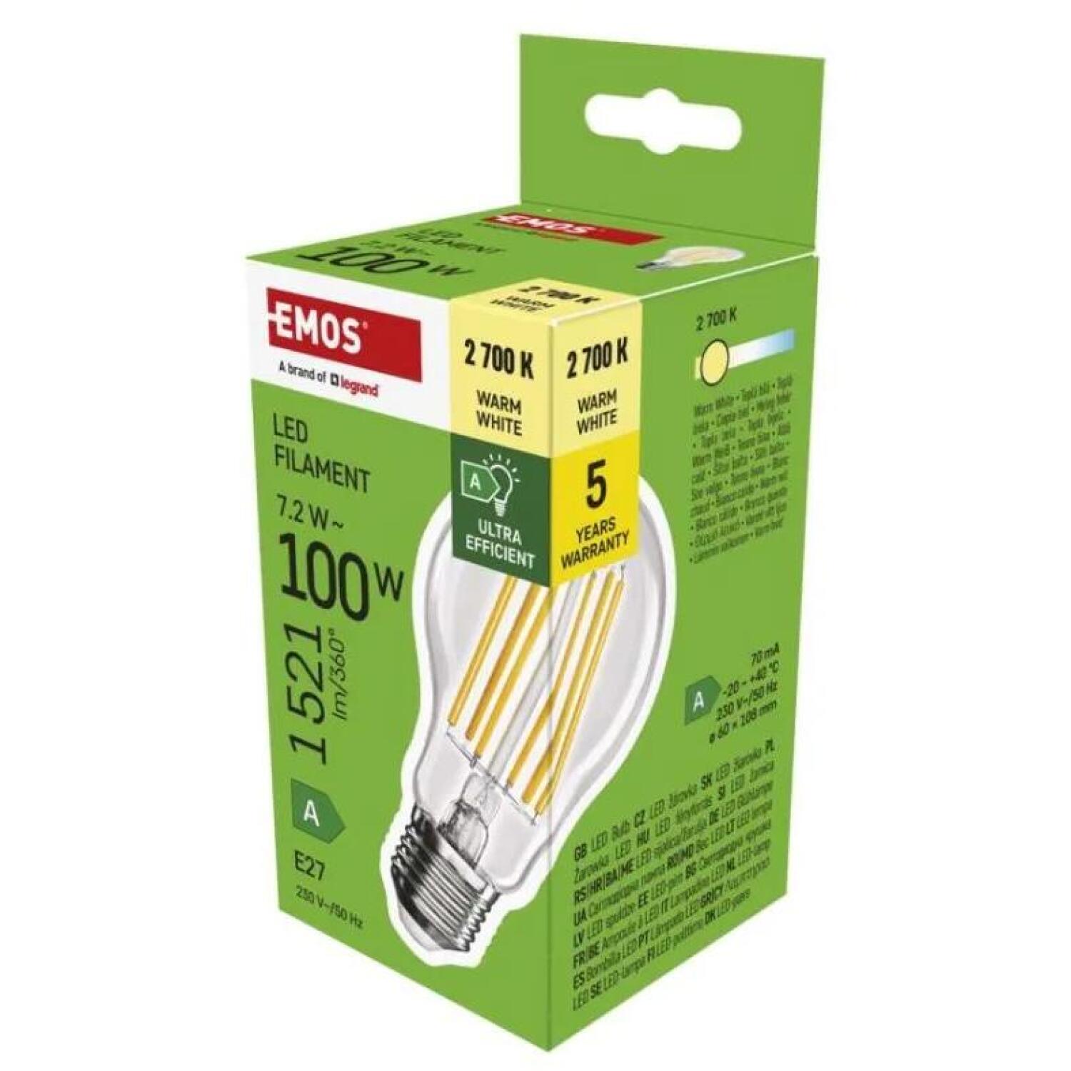 Emos LED лампочка FILAMENT A60 ZF5167, 7,2 W, 230 V, 1521 lm, теплый белый, E27, 50 000 часов, класс A (ZF5167)