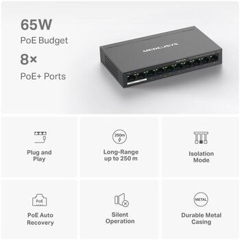Mercusys настенный коммутатор MS110P, 10 портов, 10/100 Мбит/с, 8 PoE+ портов, 65 Вт, управляемый, черный (MS110P)