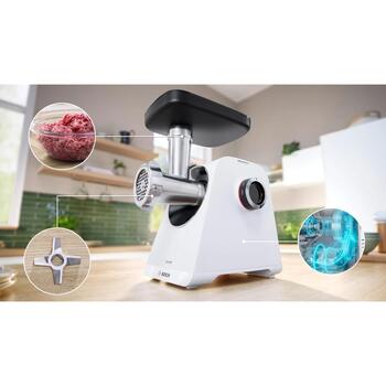 Bosch Gaļas mašīna MFWS607W, 2.1 kW, 3.5 kg/min, 2 ātrumi, metāla asmens, desu pildīšanas uzgalis, uzglabāšana (MFWS607W)