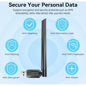 Vention USB adapteris KDTB0 633Mbit/s, 2.4-5GHz, 6dBi antena, WPA2-PSK, USB 2.0, melns (KDTB0)