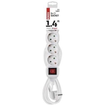Emos Удлинитель P1521, 1,4 м, белый, 5× 2P + PE GERMAN, 3680 Вт, ПВХ, H05VV-F3G 1,0 мм2, выключатель, защита от детей (P1521)