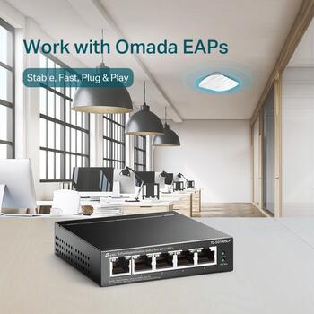 5-портовый гигабитный настольный коммутатор с 4 портами PoE+, TP-Link, TL-SG1005LP, 5× 10/100/1000Mbps RJ45 порты, Без вентилятора (TL-SG1005LP)
