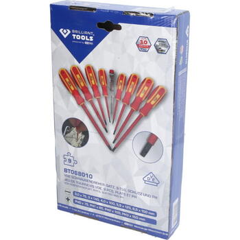 Набор отверток VDE, 9 шт., SL/PH, Brilliant Tools, BT068010, 3,0 x 75 мм – 4,0 x 10 см – 5,5 x 12,5 см – 6,5 x 15 см, PH0 x 75 мм – PH1 x 80 мм – PH2 x 10 см – PH3 x 15 см (BT068010)
