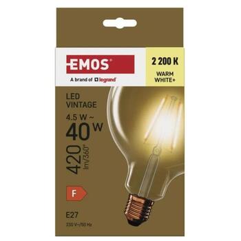 Emos LED лампа Vintage G125 Z58032, 4,5 Вт, 420 лм, 230 В, 25 000 ч, E27, 2 200 K, 320°, 4 чипа, F класс (Z58032)