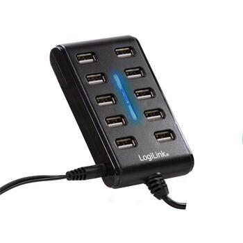 LogiLink USB концентратор UA0125, 10x USB 2.0, 480 Мбит/с, 5В 3.5А, черный, кнопка вкл выкл, защита от перегрузки (UA0125)