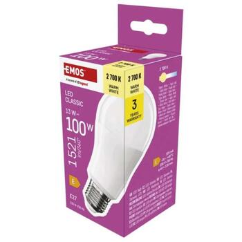 Emos LED лампочка A60 ZQ5E61, 13 W, 1521 lm, 230 V, 2700 K, E27, 180°, 30 000 ч, E, 80 (ZQ5E61)