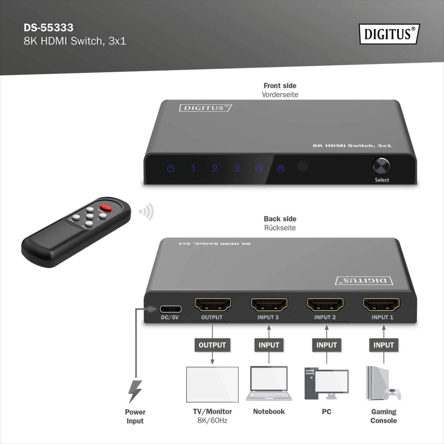 Digitus HDMI коммутатор, 3x1, DS-55333, 4xHDMI, 48Gbps, металлический корпус, поддержка HDR (DS-55333)