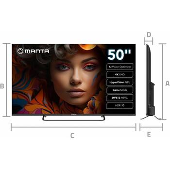 Manta televizors 50LUV125E, 50 collas, 3840 x 2160, 3 HDMI, 2 USB, 10 W, Wi-Fi, HDR 10, Dolby Digital Plus, viesnīcas režīms (50LUV125E)