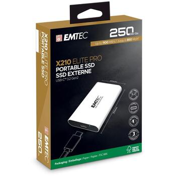 Emtec Портативный SSD ECSSD250GX210P, 250 ГБ, 1100 МБ/с, 850 МБ/с, USB-C 3.2 Gen2x2, ударопрочный, совместим с Mac и Windows (ECSSD250GX210P)