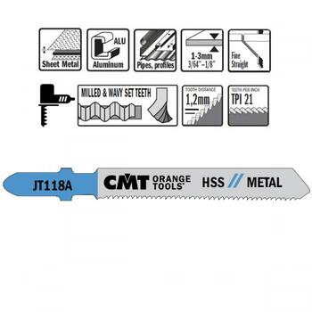Cmt Figūrzāģa asmens metālam JT118A-5, 50mm, 76mm, 21 TPI, 1,2mm, HSS, 5 gab, T stūris, 1-3mm (JT118A-5)