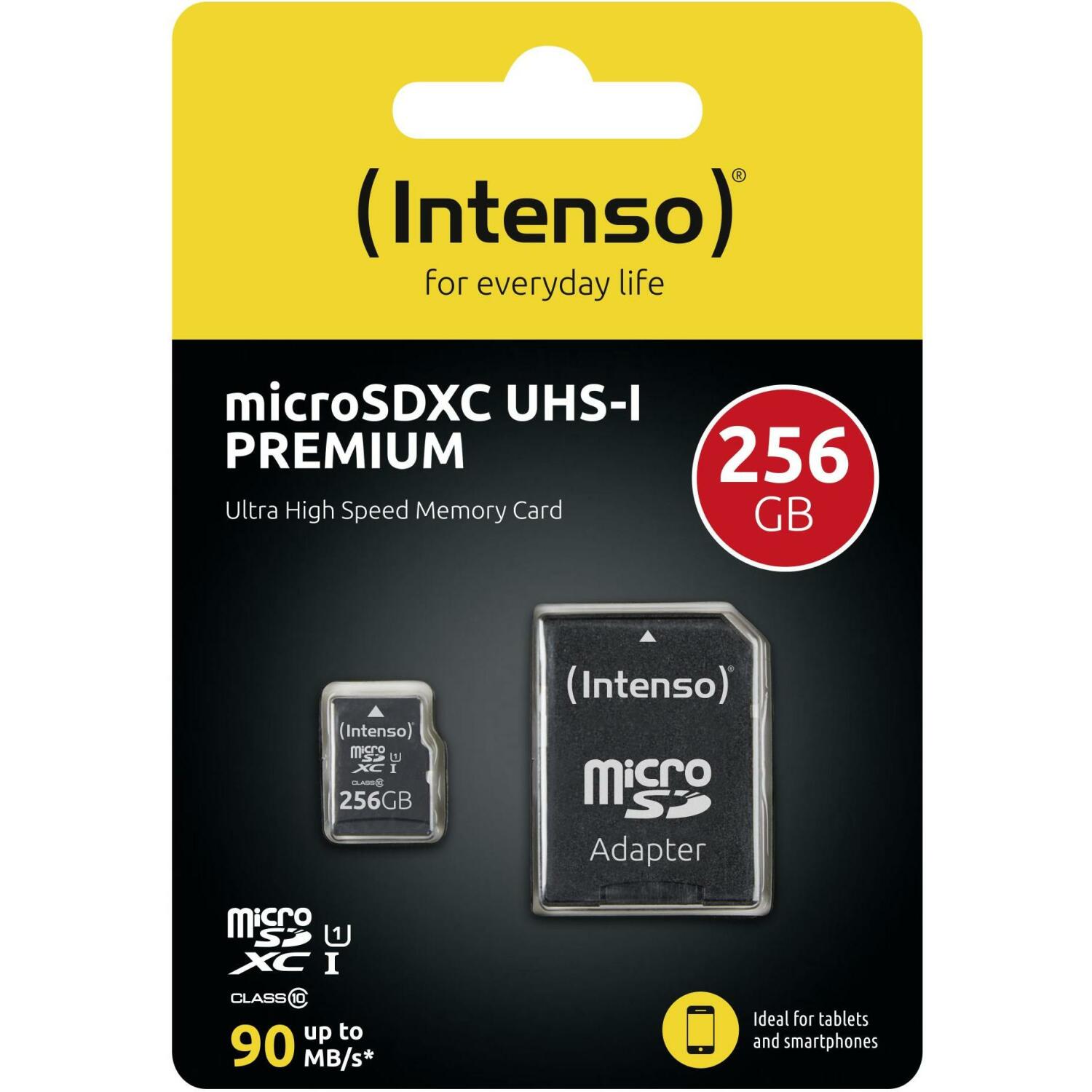 Intenso карта памяти MicroSDXC 3423492 256 ГБ, UHS-I, скорость чтения 90 МБ/с, класс 10, U1, адаптер в комплекте (3423492)