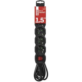 Emos Удлинитель PC1521R, 1,5м, 5x2P+PE, 3680W, PVC, с выключателем, защита от детей (PC1521R)