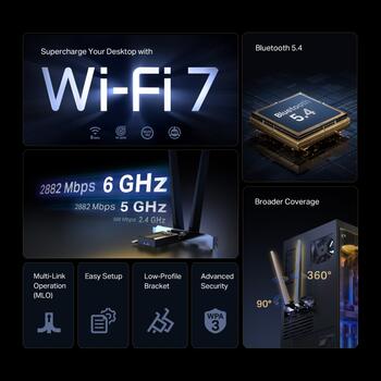 TP-Link Archer TBE400E BE6500 Wi-Fi 7 Bluetooth 5.4 PCIe адаптер три-диапазонный 2.4 GHz 688 Mbps 5 GHz 2882 Mbps 6 GHz 2882 Mbps Black (ARCHER TBE400E)