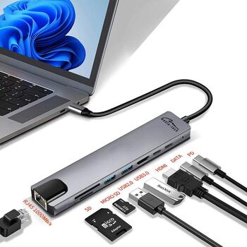 Media-Tech HUB 8 в 1 GIGA LAN MT5046, 100 Вт, 8 портов, 4K HDMI, USB-C PD, алюминиевый корпус (MT5046)