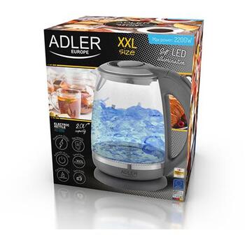 Adler Чайник AD 1286, 2200 Вт, 2 Л, Пластик/Стекло, 360° поворотная база, серый (AD 1286)
