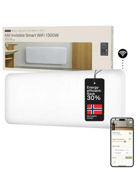 Paneļveida sildītājs ar 1300 W jaudu un WiFi vadību telpām līdz 15–19 m² IPX4 balts PA1300WIFI4 Mill (PA1300WIFI4)