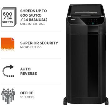 Fellowes Slēdzis AutoMax 600M 600 lapas, 2 x 12 mm mikrogriešana, 83 L, 60 dB, 4 riteņi, P-5, automātiska atgriešana (4657401)
