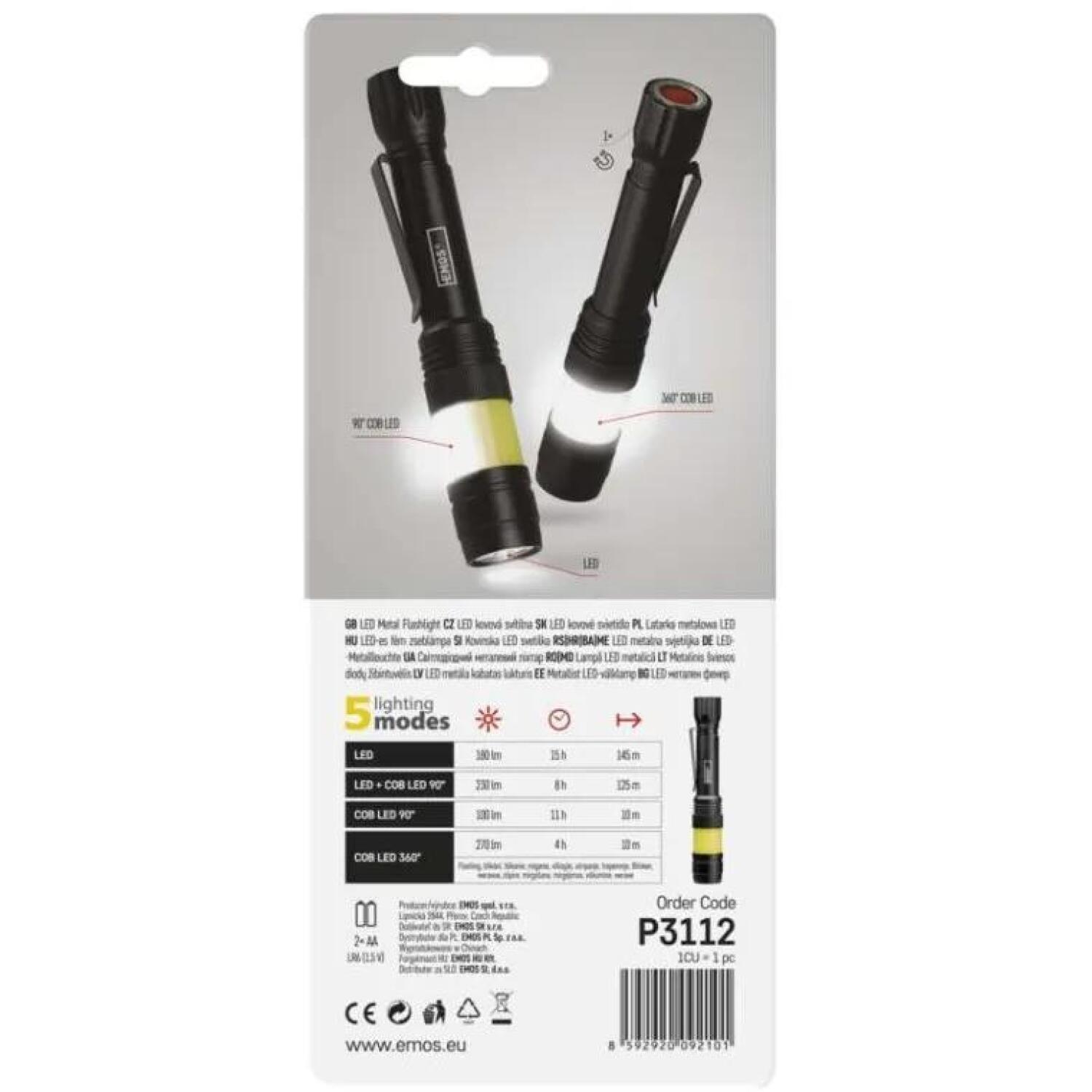 Emos 360° COB LED металлический фонарик P3112, 270 lm, 2x AA, 108 г, черный, алюминий, IP44, 5 режимов (P3112)