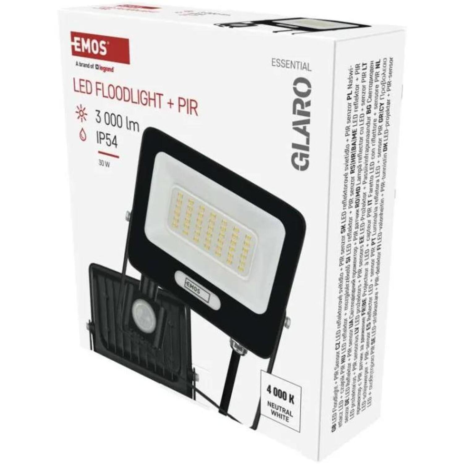 Emos LED прожектор GLARO ZS2334B, 30 W, 3000 lm, IP54, нейтральный белый, PIR датчик, алюминий, стекло (ZS2334B)