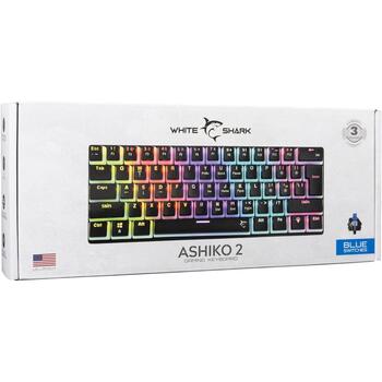 White Shark Mehāniskā tastatūra ASHIKO-2-B-US-BLUE.SW, 61 taustiņi, USB, 1.5m, zili slēdži, apgaismojums (ASHIKO-2-B-US-BLUE.SW)