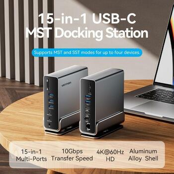 Vention док-станция TPUH0, 15-в-1, USB 3.2 Gen 2 Type-C, 100 W, 10 Gbit/s, 4K, 60 Гц, 3 монитора, 0.5 м USB кабель (TPUH0)
