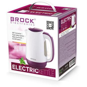 Brock WK 08 PR электрический чайник, 1,7 л, 2200 Вт, белый/фиолетовый, пластик, дисковый нагреватель, автоотключение, 360° разъем (WK 08 PR)