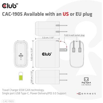 Club3D lādētājs CAC-1905EU 65W, 100-240V, 1x USB Type-C, PD 3.0, OCP, OVP, SCP, OTP, CE, FCC, melns (CAC-1905EU)