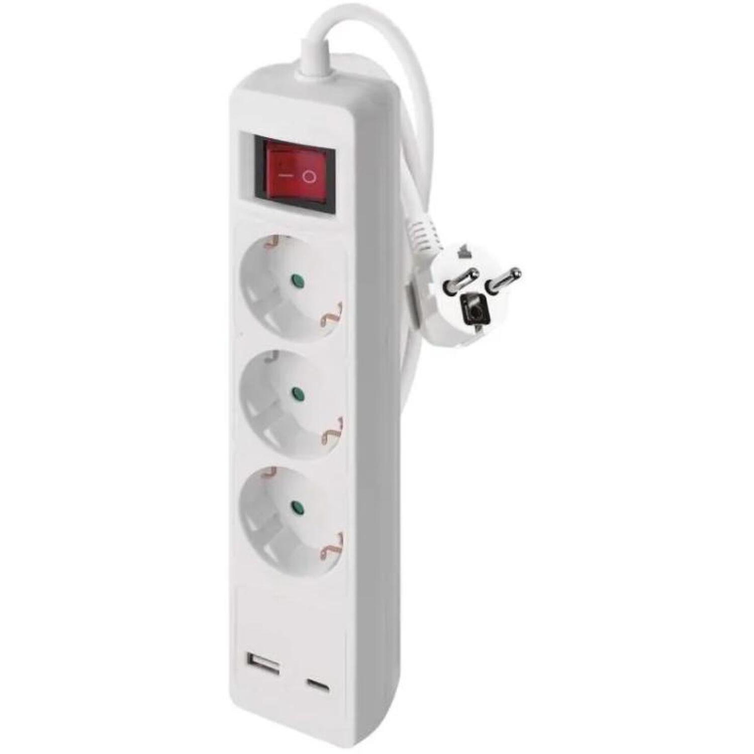 Emos Удлинитель P1322CU, 2м, 3× 2P + PE, 3680W, с выключателем, белый, 1× USB-A, 1× USB-C (P1322CU)