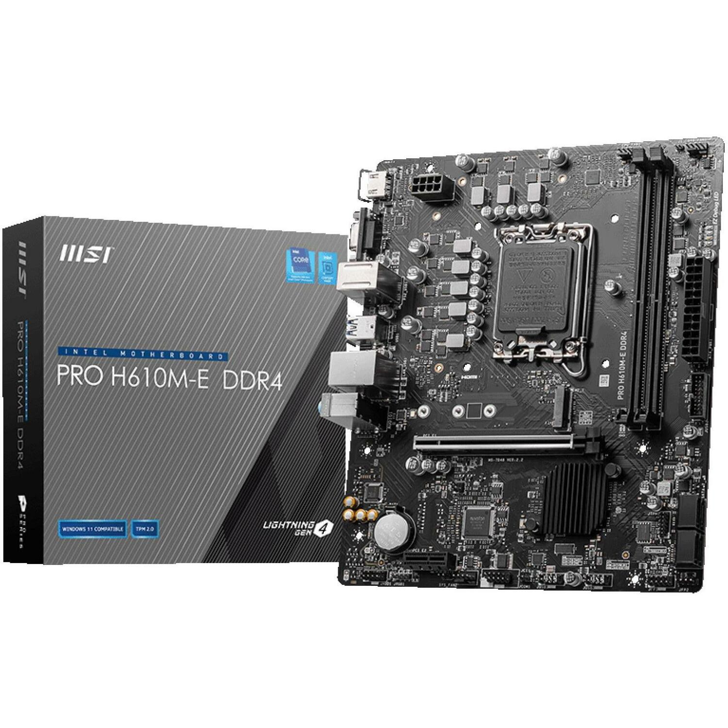 Msi Материнская плата PRO H610M-E DDR4, LGA 1700, DDR4 3200 МГц, 2 DIMM, 4 SATA III, 1 M.2, 1 HDMI, 1 VGA, 4 USB 2.0, 2 USB 3.2 (PROH610M-EDDR4)