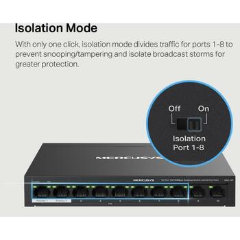 Mercusys настенный коммутатор MS110P, 10 портов, 10/100 Мбит/с, 8 PoE+ портов, 65 Вт, управляемый, черный (MS110P)