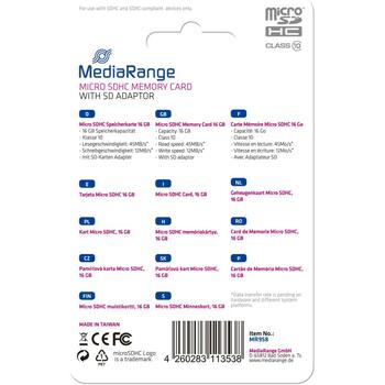 Mediarange карта памяти micro SDHC 16GB C10, адаптер в комплекте, черный (MR958)