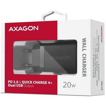 Axagon lādētājs ACU-PQ20 20W, 2 porti, 100-240V, QC 4+, PD 3.0, melns, ātrā uzlāde, aizsardzība pret pārslodzi (ACU-PQ20)