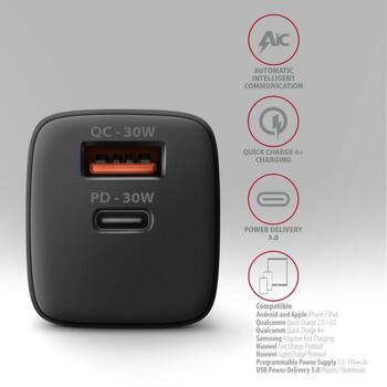 Axagon настенный зарядное устройство ACU-PQ30 30W, 100-240V, 2xUSB, быстрая зарядка, защита от перегрузки, черный (ACU-PQ30)