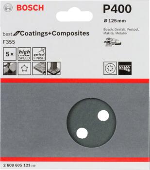 Slīpēšanas disks PRO F355, 125mm, 400 graudi, 8 caurumi, 5 gab., 2608605121, BOSCH (2608605121)